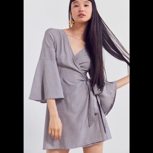 Ecote Striped Bell-Sleeve Wrap Dress - Picture 1 of 7